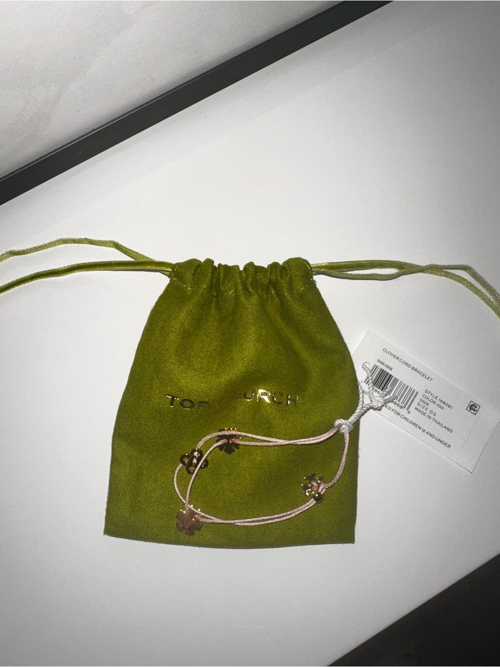 Tory Burch Pink Clover Cord Bracelet with Green Suede pouch